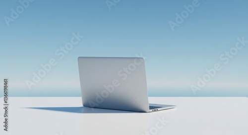 Laptop on white table against blue sky
