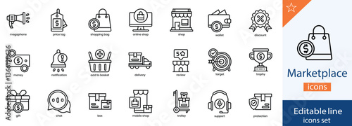 Marketplace Line Icons Collection. E-Commerce, Online Shopping, Retail, and Digital Trade Outline Icons. Editable Stroke, Vector Illustration.