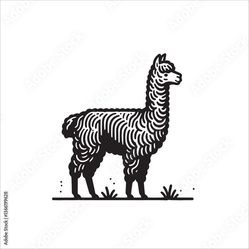 Simple Alpaca Standing Side View Vector Icon – Vintage Logo & Retro Illustration