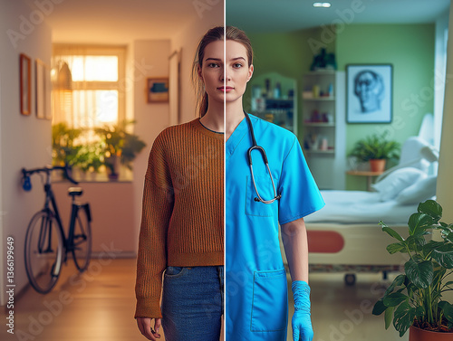 A vertically split image depicting a young woman doctor in two contrasting environmentsShifts of Solitude: From Doctor's Scrubs to Domestic Calm.