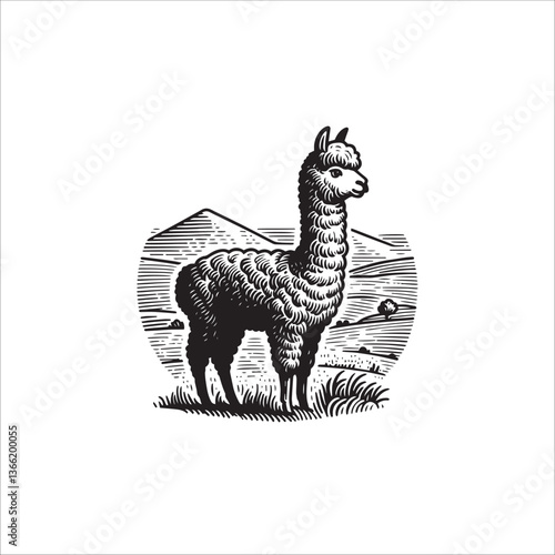 Simple Alpaca Standing Side View Vector Icon – Vintage Logo & Retro Illustration