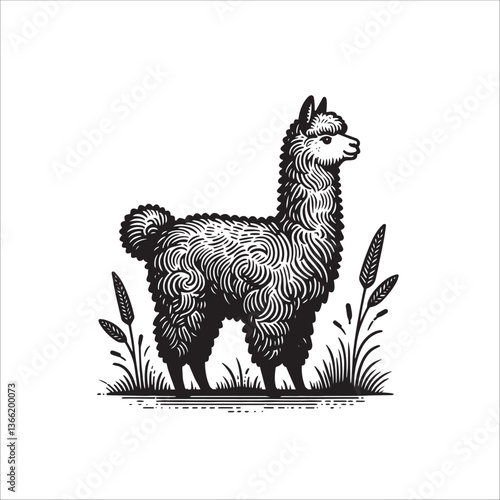 Simple Alpaca Standing Side View Vector Icon – Vintage Logo & Retro Illustration