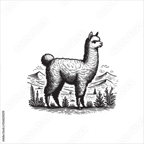 Simple Alpaca Standing Side View Vector Icon – Vintage Logo & Retro Illustration