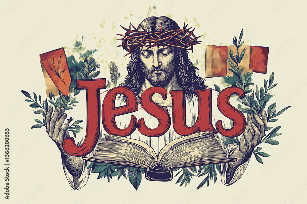 Obraz premium The image presents a stylized illustration of a crowned figure, possibly Jesus Christ, depicted from the chest up. The figure has long hair and a beard, wearing a crown of thorns. The figure's hands