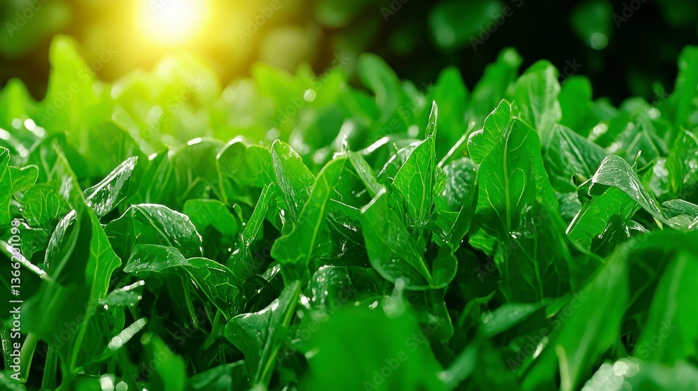 Lush green grass field with chicory plants gently swaying in the breeze under a clear blue sky