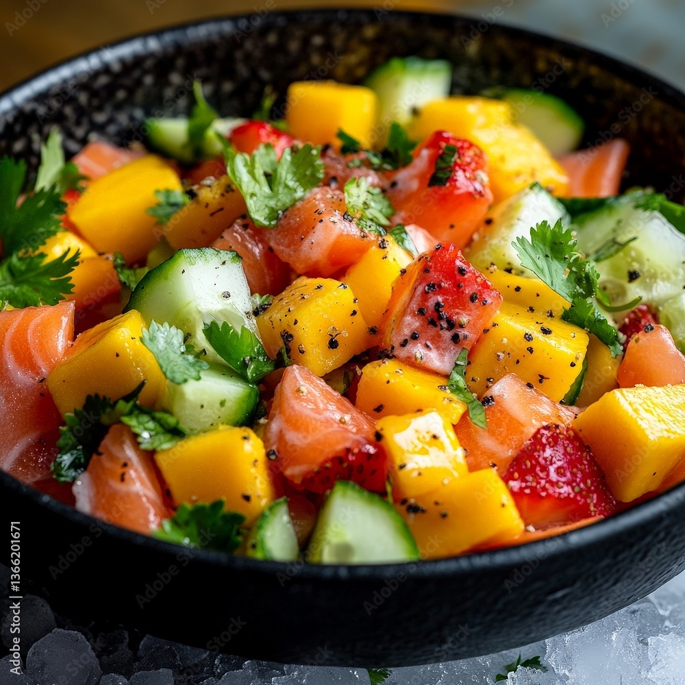 Fresh Fruit Salad with Mango, Strawberry, and Cucumber Healthy and Colorful Bowl Fresh Fruit Salad with Mango, Strawberry, and Cucumber Healthy and Colorful Bowl