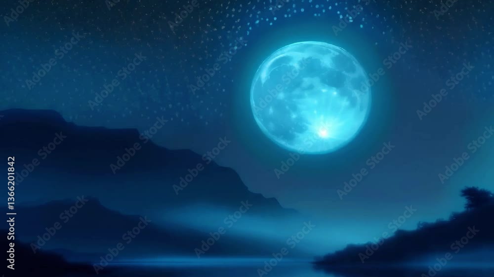 Mystical full moon glowing in dark starry sky, serene mountain silhouette and calm lake reflection, magical night scenery fantasy landscape, peaceful blue atmosphere, dreamy night view under shining Mystical full moon glowing in dark starry sky, serene mountain silhouette and calm lake reflection, magical night scenery fantasy landscape, peaceful blue atmosphere, dreamy night view under shining