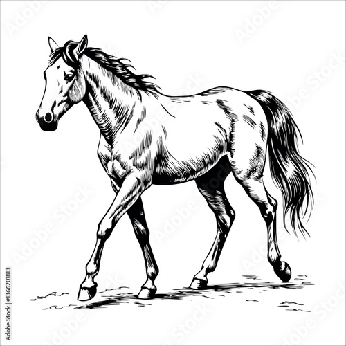 Full-body horse illustration in mid-walk, side view sketch