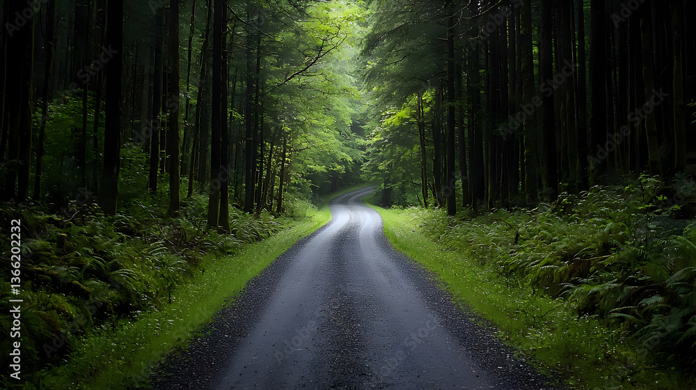 Obraz premium Winding Asphalt Road Through Dense Green Forest With Sunlight Filtering Down Creating Mysterious Atmosphere