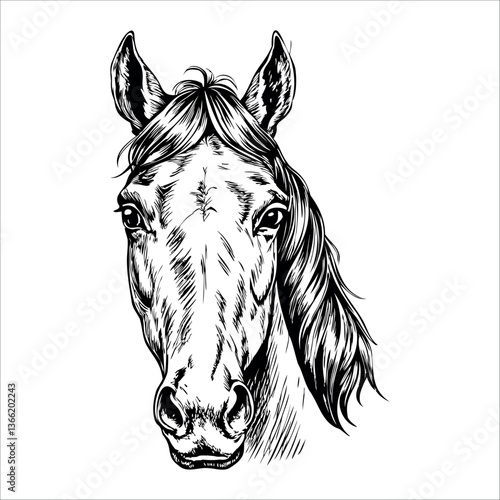 Front-facing horse portrait with realistic features and detailed mane