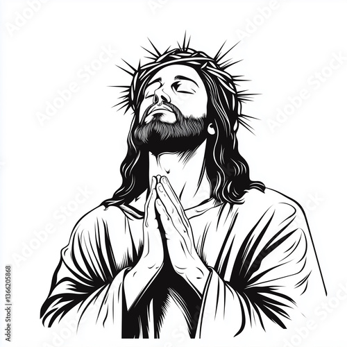 A high-contrast, black and white line art illustration depicting a figure with a crown of thorns, hands clasped in prayer, eyes closed. The style is reminiscent of graphic novel or printmaking