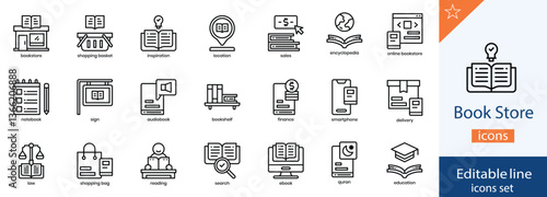 Bookstore Line Icons Collection. Books, Reading, Library, and Literature Outline Icons. Editable Stroke, Vector Illustration.