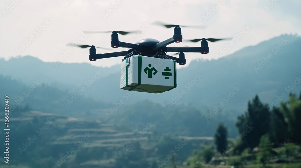 Fototapeta premium Drone Delivery Over Misty Mountain Landscape