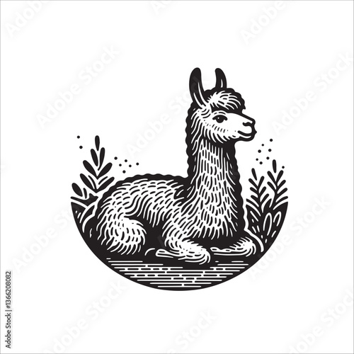 Simple Alpaca Resting Vector Icon – Vintage Logo & Retro Illustration