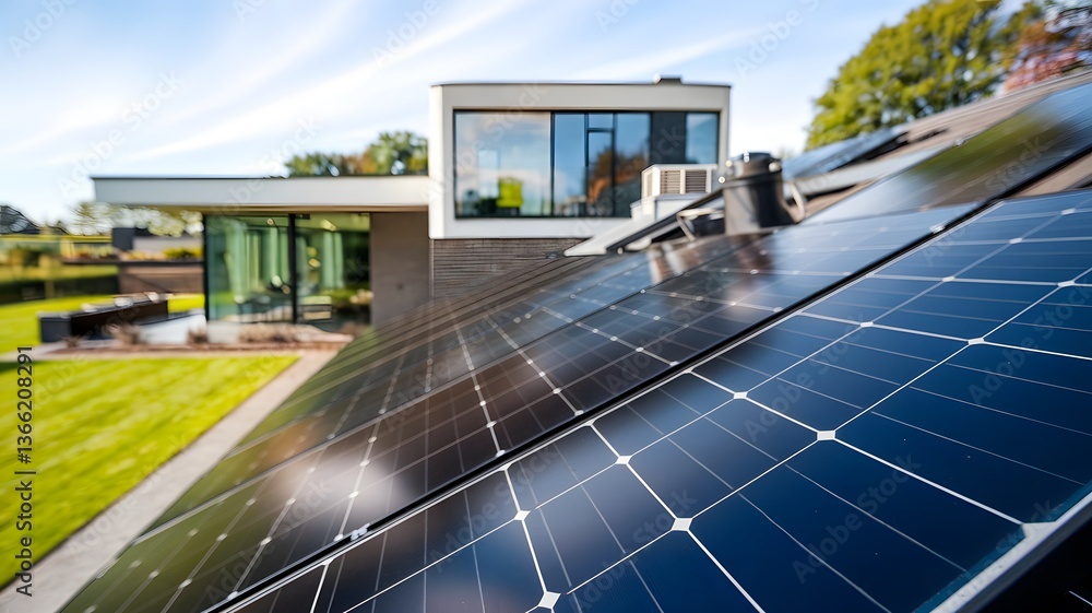 Modern Home Solar Panels In Netherlands, Clean Energy. Sustainable Living With Air Source Heat Pump. Contemporary Architecture, Green Garden, Clear Skies. Eco Friendly Home. Modern Home Solar Panels In Netherlands, Clean Energy. Sustainable Living With Air Source Heat Pump. Contemporary Architecture, Green Garden, Clear Skies. Eco Friendly Home.