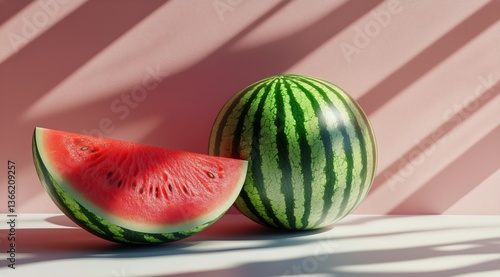 Fresh Watermelon Half and Whole on a Table With Soft Light and Shadows