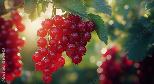 Bright Red Currants Hanging From Lush Green Leaves in a Sunlit Garden