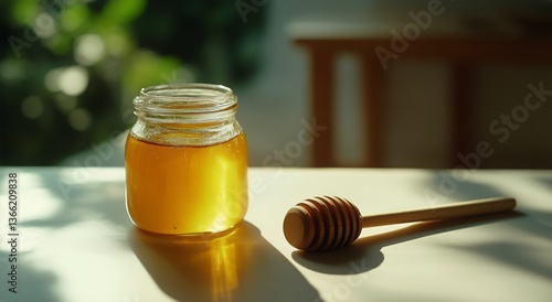 Golden Honey in a Jar With Wooden Dipper Illuminated by Morning Sunlight