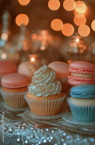 Colorful Macarons and Cupcakes Displayed With Warm Lights for a Festive Celeb...