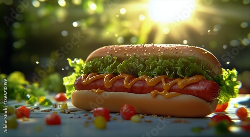 Enjoying a Delicious Hot Dog With Fresh Toppings in a Sunny Outdoor Setting