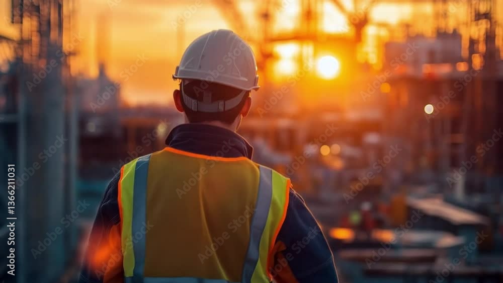 A construction worker wearing a safety helmet and safety vest stands in front of a building. Smooth repetitive motion for background video animation A construction worker wearing a safety helmet and safety vest stands in front of a building. Smooth repetitive motion for background video animation