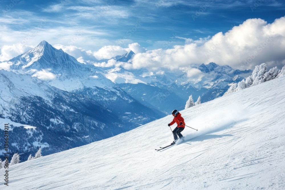 Skiing down a snowy mountain slope with stunning mountain views in winter Skiing down a snowy mountain slope with stunning mountain views in winter