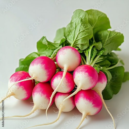 Freshly Harvested Radishes With Green Leafy Tops on a Plain Background