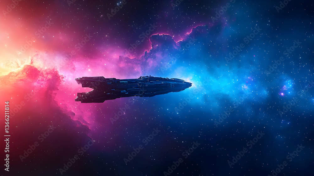 Fototapeta premium Pixelated Spaceship In A Colorful Nebula