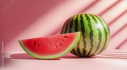 Fresh Watermelon Half and Whole on a Table With Soft Light and Shadows