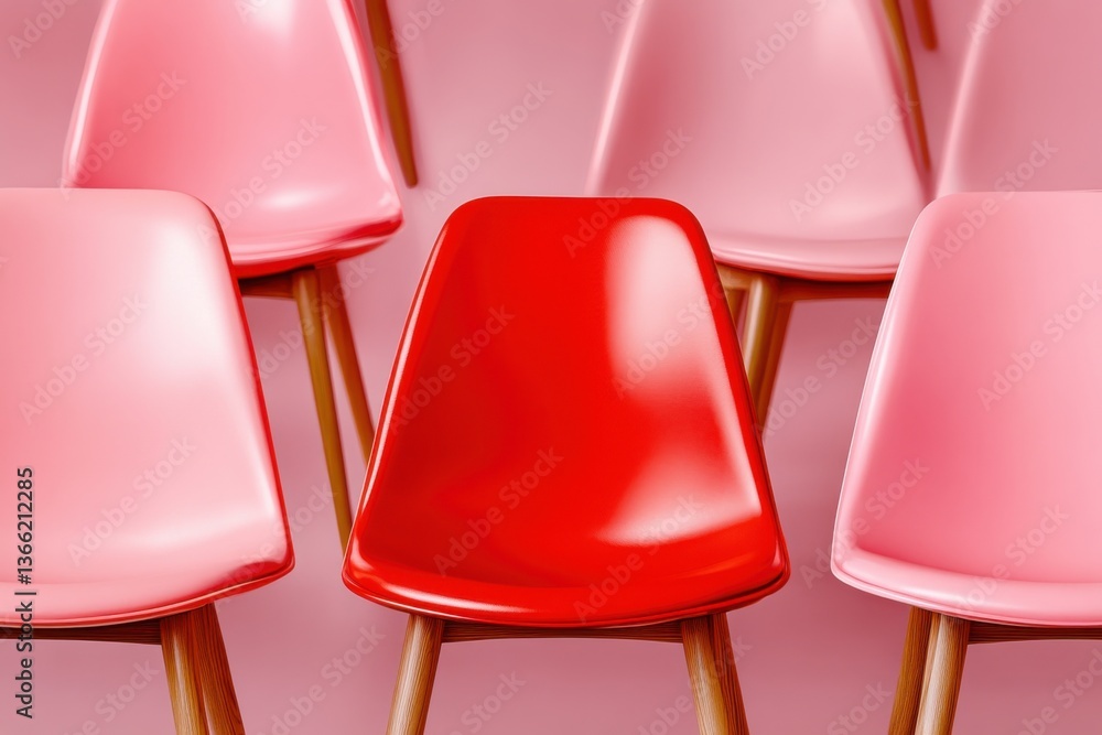 Naklejka premium Rows of blush-pink chairs with a striking red accent seat creating a bold minimalist contrast in a modern seating arrangement