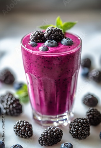 Vibrant Berry Smoothie Garnished With Fresh Blueberries and Blackberries in a...