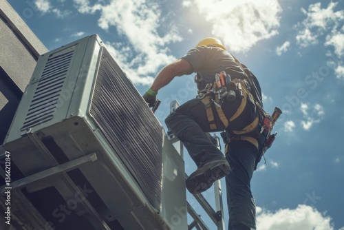Skilled technician working on rooftop HVAC unit under bright blue sky during daytime