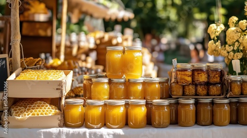 A beautifully arranged stand with fresh honey jars