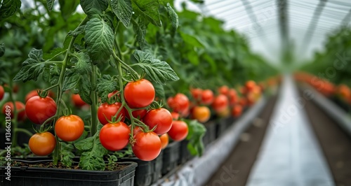 Fresh Red Tomatoes Growing in a Greenhouse During Golden Hour Light