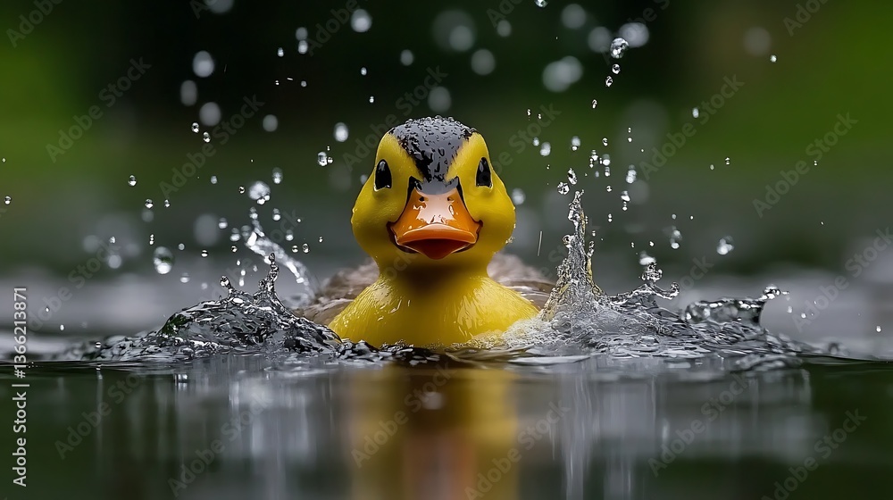 A yellow duck swims in water with splashes and water droplets around A yellow duck swims in water with splashes and water droplets around