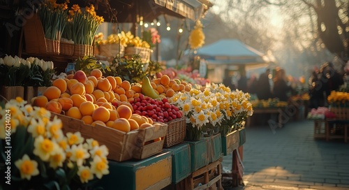 Colorful Market Stall Filled With Fresh Fruits and Flowers at Sunset Near Bus...
