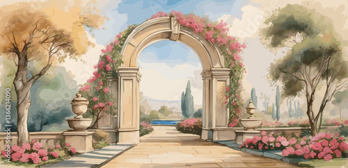vintage watercolor landscape drawing luxury garden arch wall and trees vintage shaded oil painting, illustration 