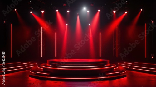 Empty red stage with round podium. Modern tech presentation area. Minimalist design. Glowing lights highlight tech product awards ceremony. Modern empty stage for display. Abstract background design. photo
