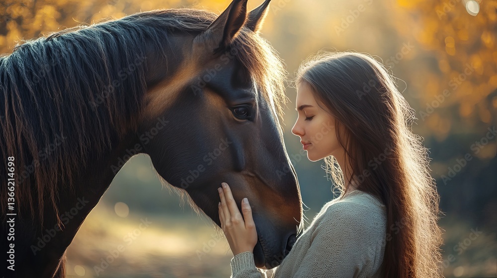 Obraz premium A young woman is next to a horse outside in a peaceful place. The close picture shows their bond and how much they trust and care for each other.