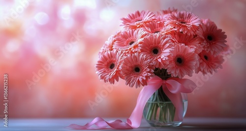 Beautiful Pink Gerbera Daisies in a Glass Vase on a Soft Pastel Background