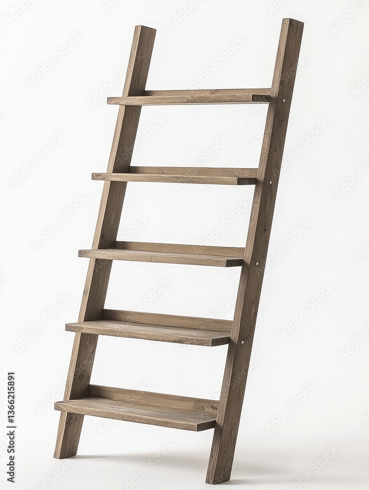 Rustic wooden ladder shelf against a white background suggesting organization and style. Perfect for home decor furniture and interior design projects Rustic wooden ladder shelf against a white background suggesting organization and style. Perfect for home decor furniture and interior design projects