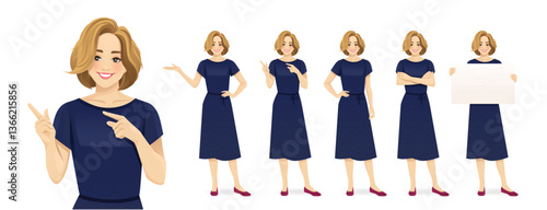 Beautiful business blond woman wearing formal outfit in different poses set. Various gestures pointing, showing, standing, holding empty blank board. Isolated vector illustration