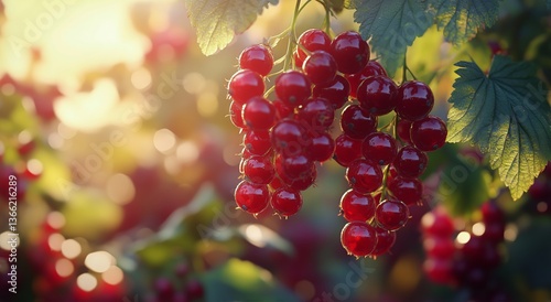 Bright Red Currants Hanging From Lush Green Leaves in a Sunlit Garden
