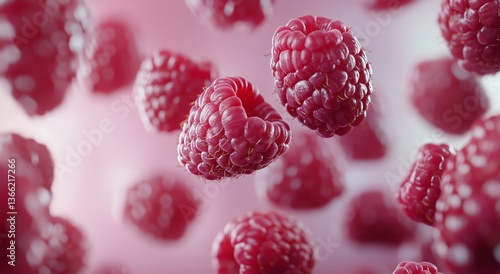 Fresh Raspberries Floating in Mid-Air Against a Soft Pink Backdrop During a B...