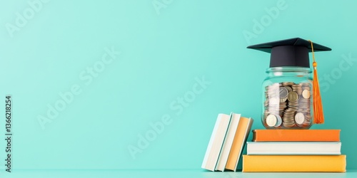 Wallpaper Mural A creative representation of financial education, showcasing a graduation cap atop a jar of coins, emphasizing the value of saving for future learning. Torontodigital.ca