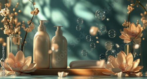 Luxurious Spa Arrangement With Skincare Products and Lotus Flowers by Calming...