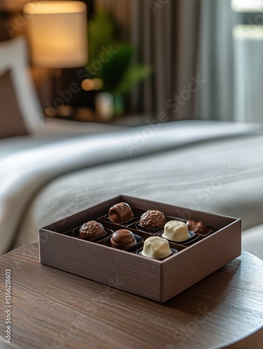 Assorted Chocolates in Luxury Hotel Room Setting with Cozy Ambiance