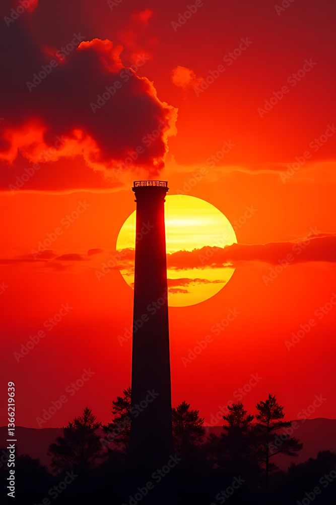 Fototapeta premium An abstract artistic shot of a chimney silhouette against a fiery red and orange sunset, creating a striking visual with vibrant colors 