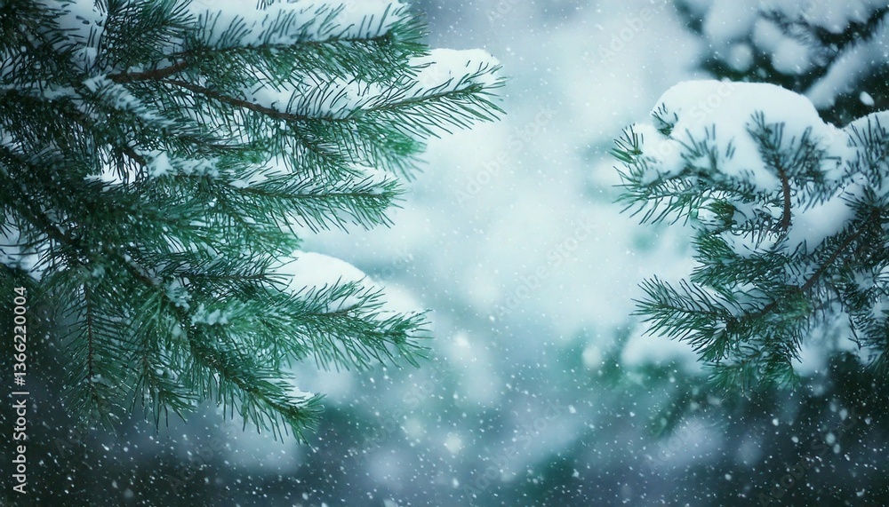 Obraz premium Snow falling gently on pine tree branches with empty space