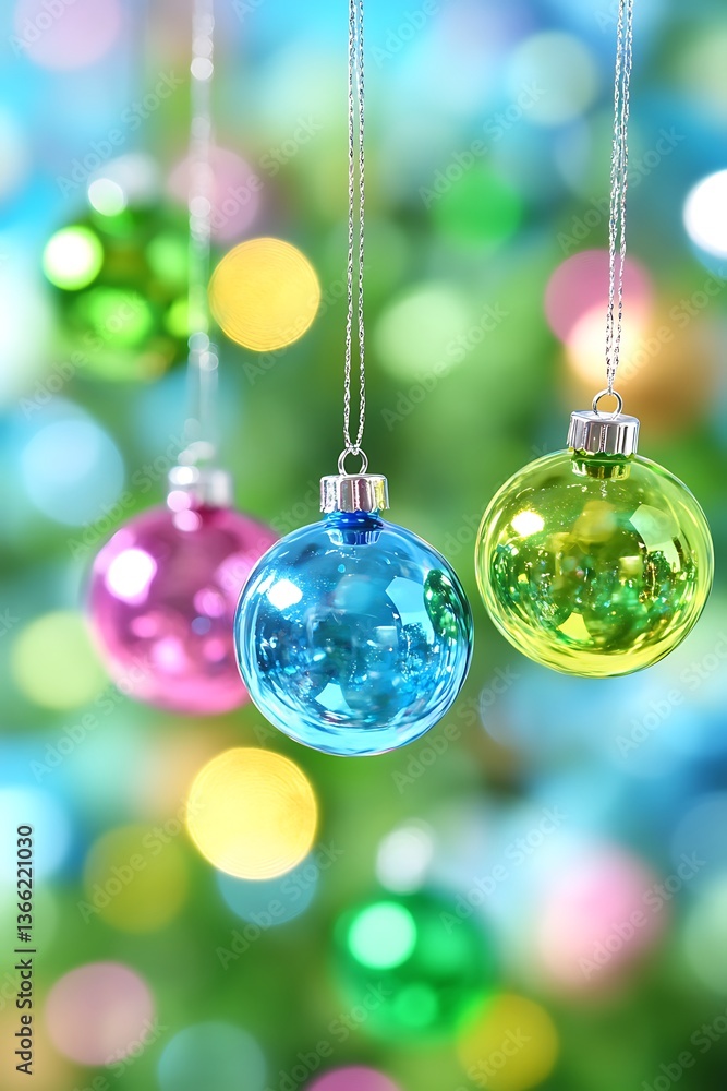 Festive Ornaments Suspended Against a Vivid Bokeh Background Scene Festive Ornaments Suspended Against a Vivid Bokeh Background Scene